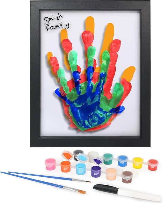 Americanflat Family Handprint Kit with Polished Plexiglass - 8x10 Frame with Five Panels for DIY Prints - Includes Washable Paint, Brushes and Marker - Keepsake Frame for Wall Display - Black