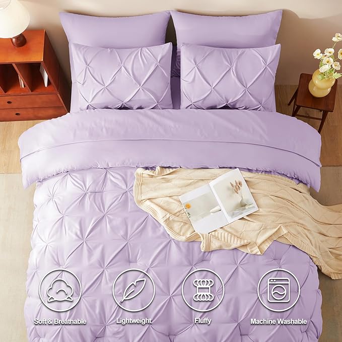 CozyLux King Size Comforter Set Lavender, 7 Pieces Bed in A Bag Light Purple Comforter King Size, Pinch Pleat Bedding Set with All Season Comforter, Sheets, Pillowcases & Shams