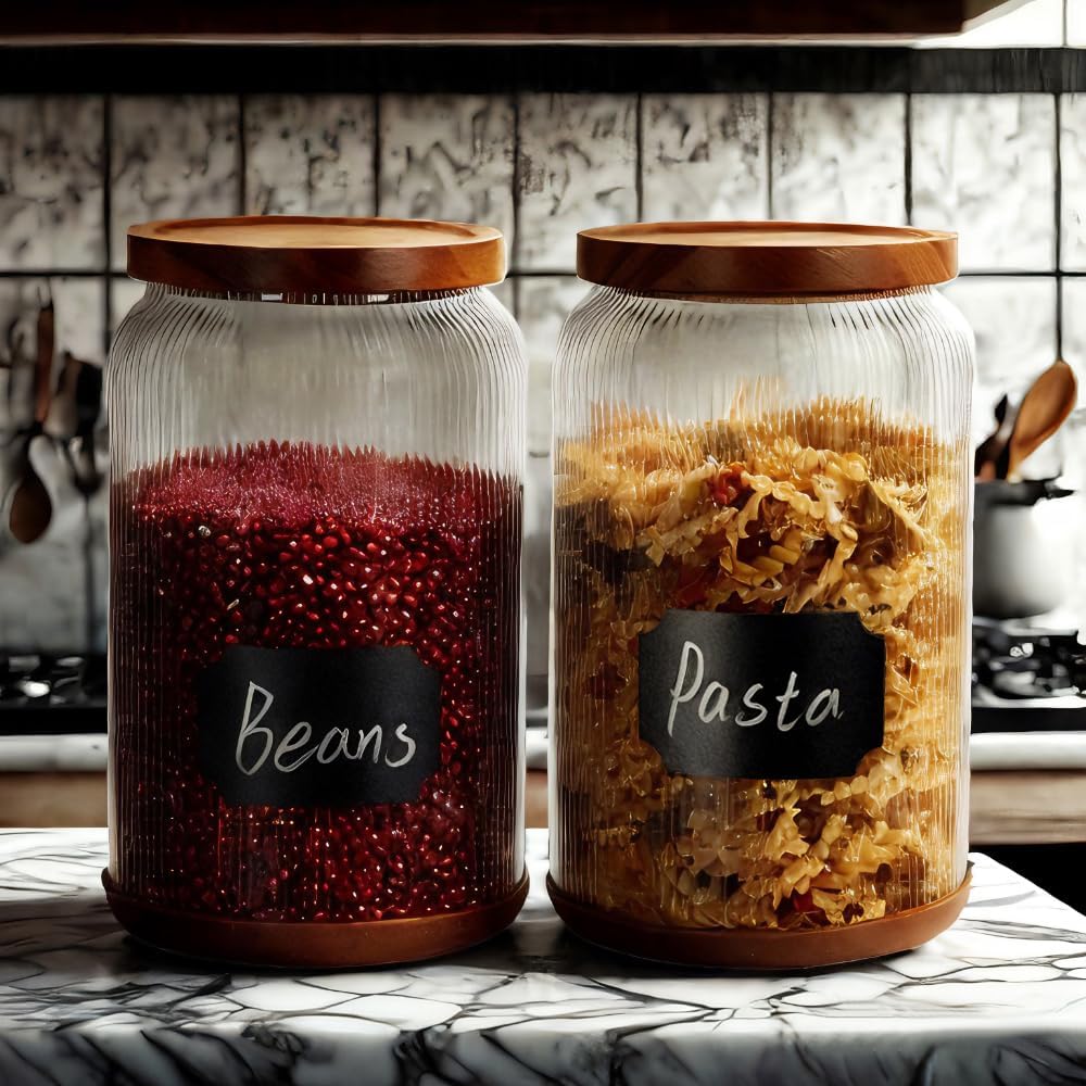 SAIOOL 2-Pack Striped Borosilicate Glass Airtight Canisters - Big mouth Large Capacity, Acacia Wood Lid, Food Storage Jars for Flour, Pasta, Pantry Organization (1 Gallon （2 Striped pack）)