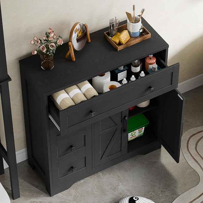 Vabches Farmhouse Storage Cabinet with 2 Doors and 4 Drawers, Freestanding Bathroom Storage Cabinet Kitchen Pantry, Floor Hutch Cupboard for Living Room/Bathroom/Kitchen,(Pure Black)