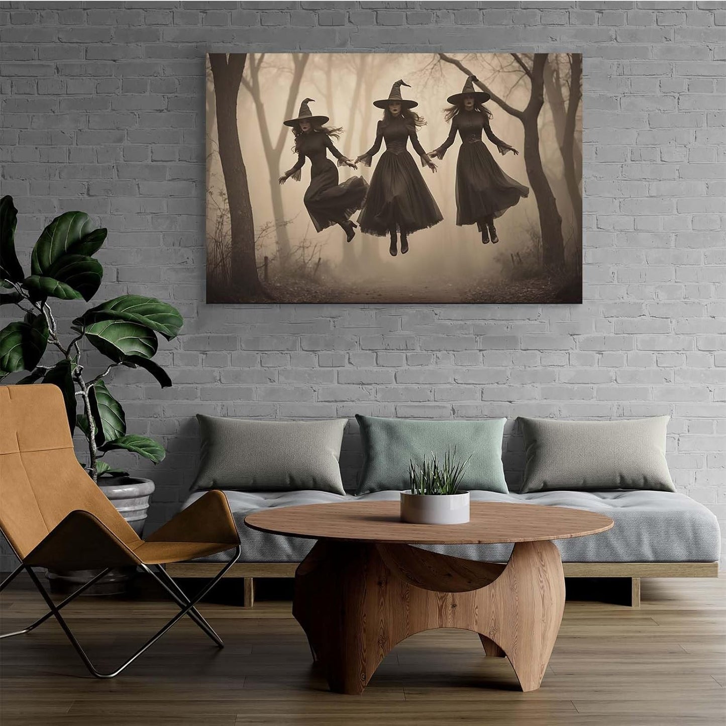 Three ghost witches flying in vintage forest gothic wall art witchcraft decoration holiday gift canvas wall art print12x16in Wood Framed