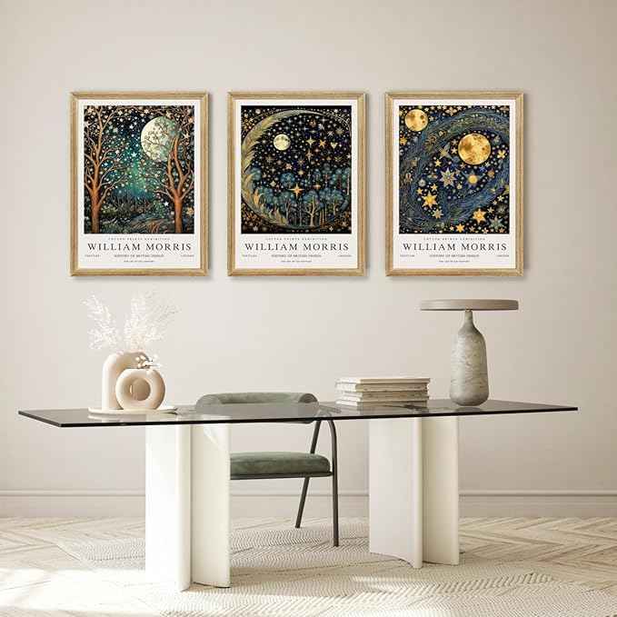 Hianan William Morris Canvas Wall Art, Vintage Gold Moon Stars Poster Prints, Many Dreamlike Stars Wall Decor, Retro Botanical Aesthetic Picture for Bedroom Living Room Office Wood Framed 16"x24"x3