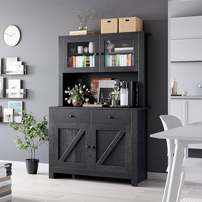 GarveeHome Kitchen Pantry Cabinet with Microwave Stand, Freestanding Hutch Cabinet with Buffet Cupboard, Tall Kitchen Cabinets with Adjustable Shelves for Dining Room, Black