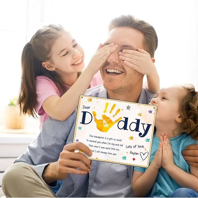 Dear Daddy Poem DIY Baby Handprint Art Craft Plaque Gift for Dad, Best Dad Ever Gifts with Kids Handprint Keepsake, Baby's First Fathers Day Handprint Craft with Poem Sign for Dad from Toddler Infant
