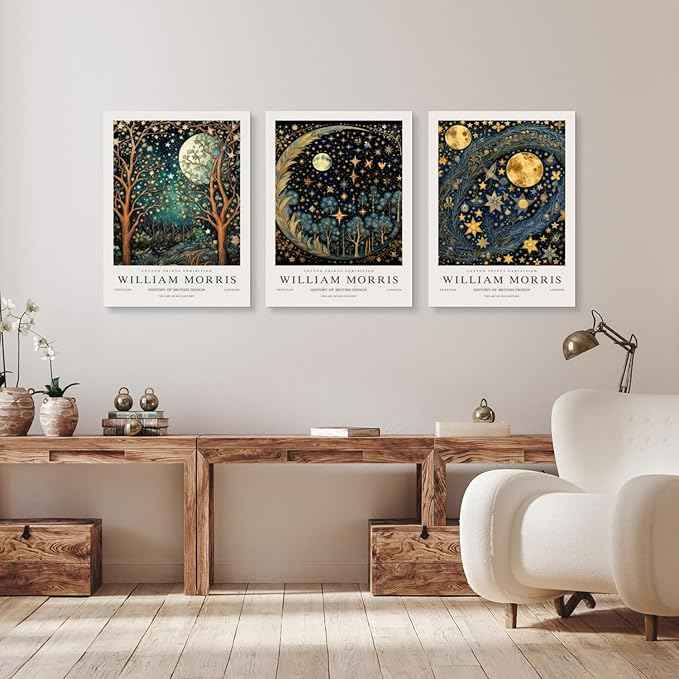 Hianan William Morris Framed Canvas Wall Art, Vintage Gold Moon Stars Poster Prints, Many Dreamlike Stars Wall Decor, Retro Botanical Aesthetic Picture for Bedroom Living Room Office 16"x24"x3
