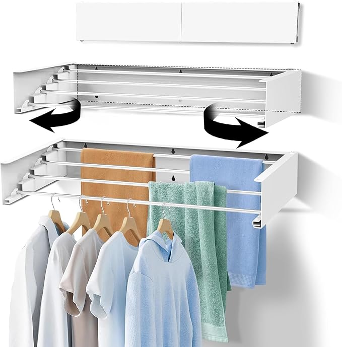 Laundry Drying Rack Collapsible,Wall Mounted Clothes Drying Rack Foldable,Indoor Drying Rack Clothing- 23.6"" Wide 4 Aluminum Rods 60lb Capacity with Wall Template,Screw,Drill Bit