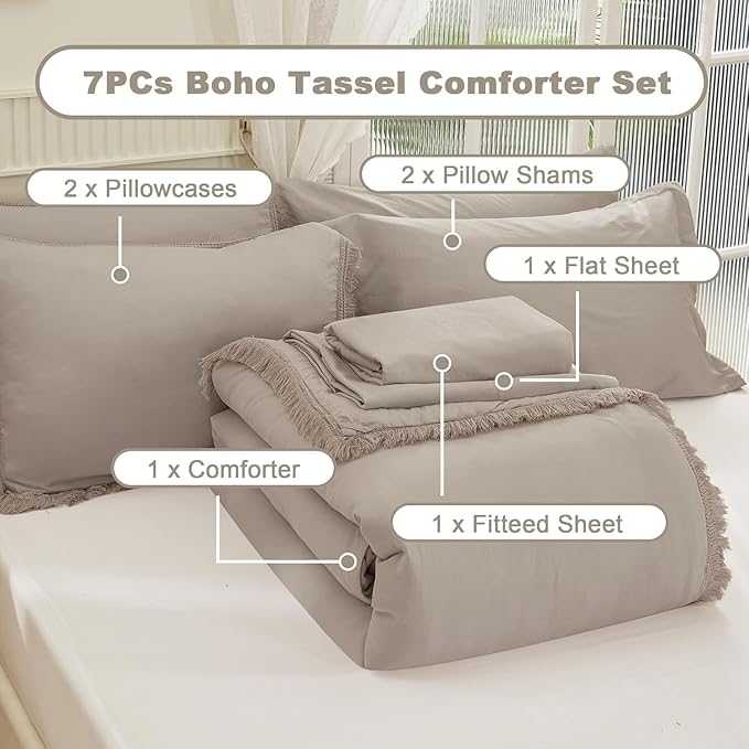 Andency Oversized King Comforter Set with Sheets 128x120 Wheat - 7 Pieces Bed in a Bag Boho Soft Lightweight Bedding Sets, Tassel Bed Set with Comforter, Sheets, Pillowcases & Shams