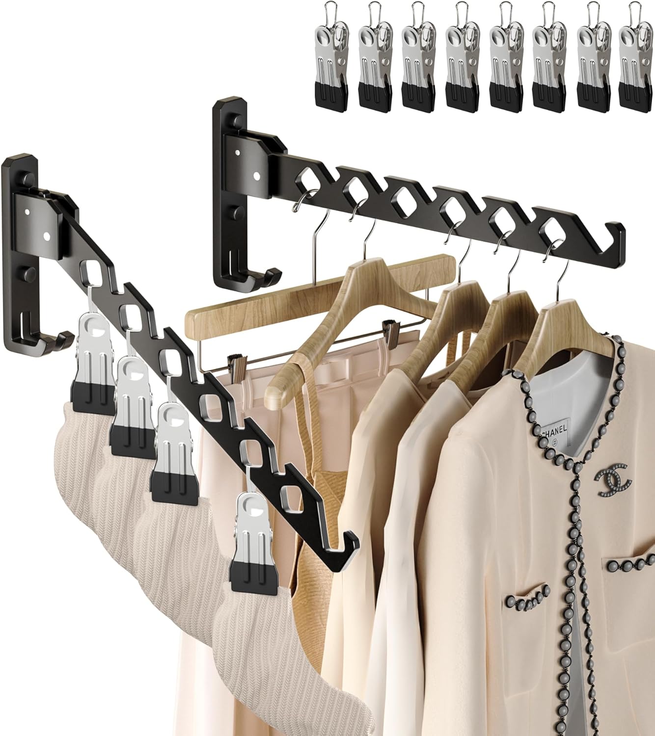 Wall Mount Coat Hanger Holder Black Clothes Drying Organizer Rack Garment Hooks Aluminium Retractable Folding Indoor Wall Mounted Hanger Space Saver for Laundry Room Bedroom Black 2 Pack with 8 Hooks