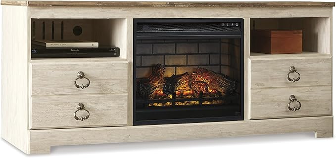Signature Design by Ashley Entertainment Accessories Vintage 64" TV Stand with Electric Fireplace and LED Lights for TVs up to 72", Whitewash