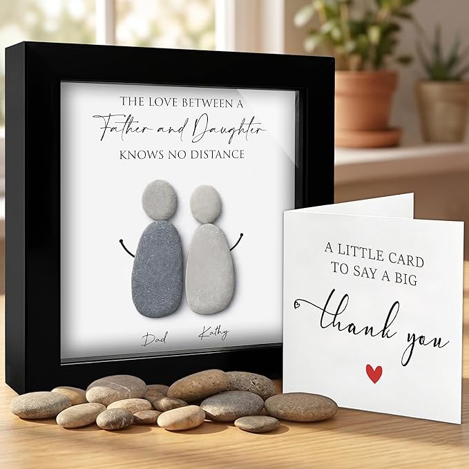 Personalized Father and Daughter Pebble Art Frame, Custom Natural Stone Artwork Keepsake for Dad, Handmade Daddy Birthday or Appreciation Gift from Daughter, Meaningful Father’s Day Wall Décor