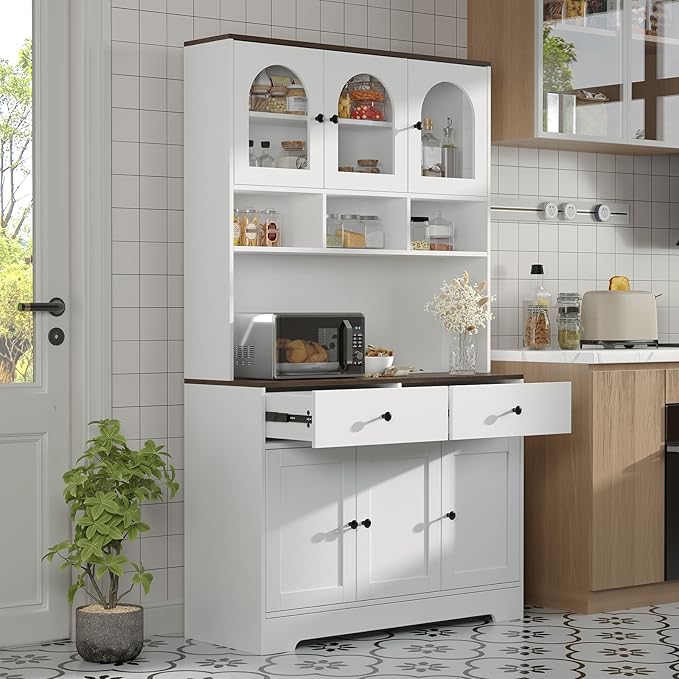 Garvee Kitchen Pantry Cabinet with Open Storage Shelves, 71" Tall Food Pantry Cabinet, Farmhouse Freestanding Kitchen Hutch with Countertop Glass Door Display & Charging Station for Dining Room