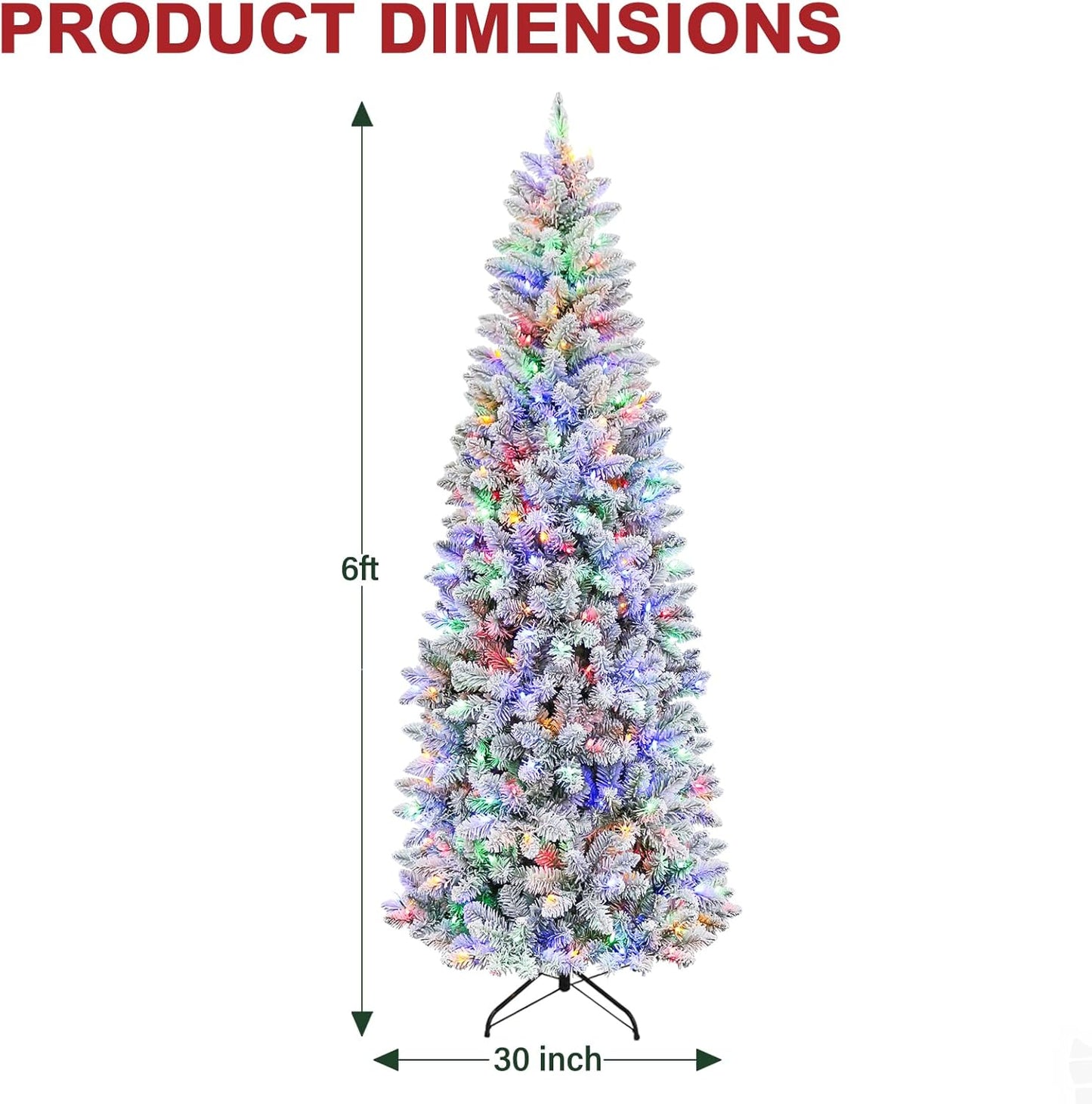 Hykolity 6 ft Prelit Snow Flocked Pencil Slim Christmas Tree, 544 PVC Branch Tips, 200 Color Changing LED Lights, Metal Stand and Hinged Branches, 10 Color Modes