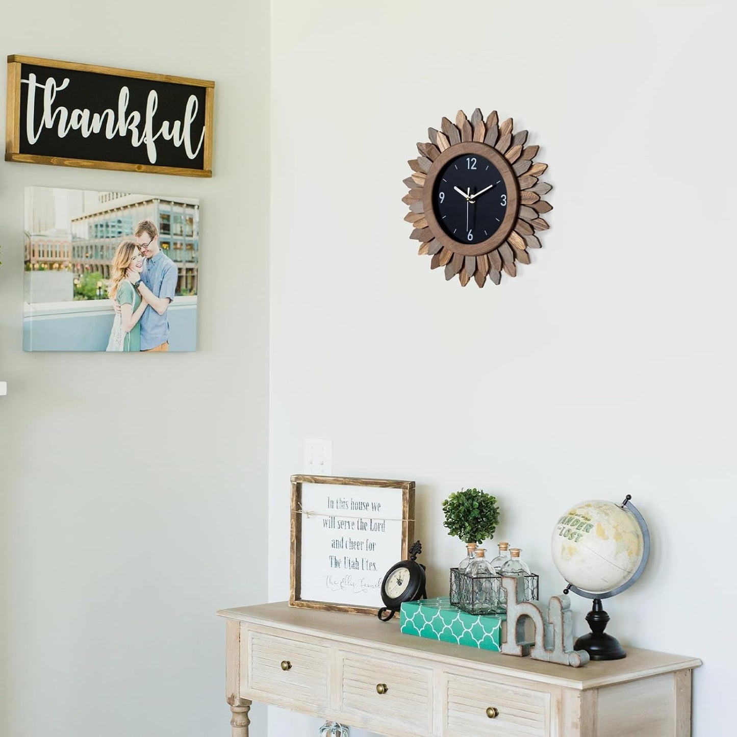 Honiway Wall Clock Battery Operated 12 in Rustic Wood Boho Sunburst Decorative Wall Clock Silent Non Ticking Farmhouse Small Wall Clocks for Living Room Kitchen Bathroom Bedroom Decor (Tricolor)
