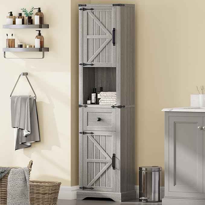 Vabches 66" Tall Farmhouse Bathroom Storage Cabinet with Barn Doors and Drawer, Narrow Storage Unit, Adjustable Shelves & 5-Tier Space, Freestanding Cabinet for Bathroom, Entryway, Kitchen, Wash Grey