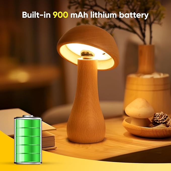 2 Pack Wooden Mushroom Lamp, Portable Cordless Small Rechargeable Battery Operated Lamp,Stepless Dimming,Night Light for Birthday Gifts