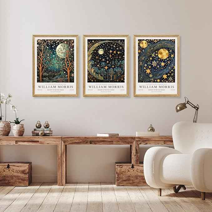 Hianan William Morris Canvas Wall Art, Vintage Gold Moon Stars Poster Prints, Many Dreamlike Stars Wall Decor, Retro Botanical Aesthetic Picture for Bedroom Living Room Office Wood Framed 16"x24"x3