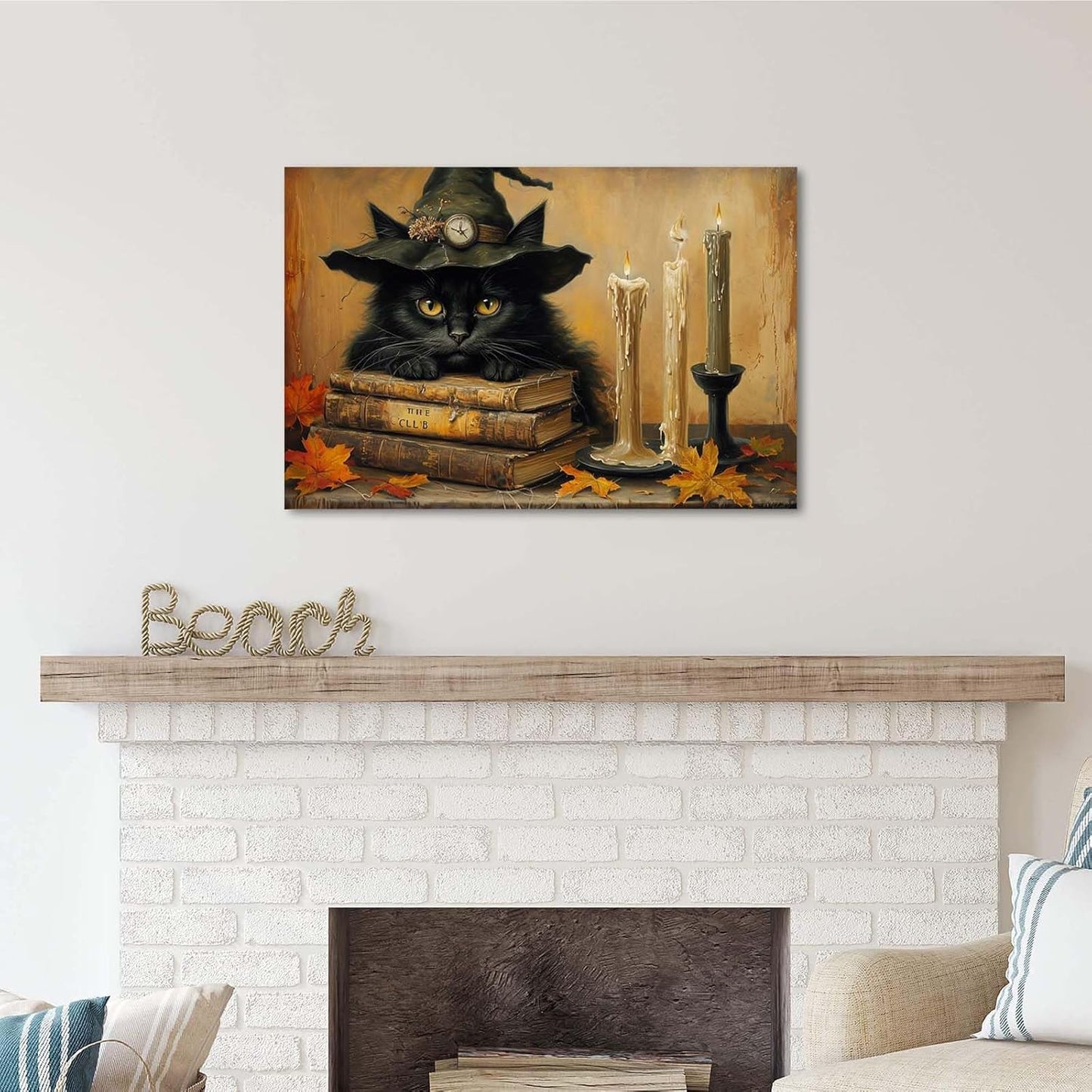 JFHCQJPK Vintage Halloween wall decoration black cat and magic book suitable for home bedroom living room decoration dark classic art witch wall decoration8x12in Frameless