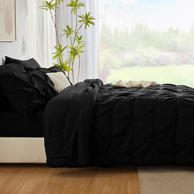 CozyLux Full Size Comforter Sets Black, 7 Pieces Pintuck Bed in A Bag Black Comforter Full Size, Pinch Pleat Bedding Sets with All Season Comforter, Sheets, Pillowcases & Shams