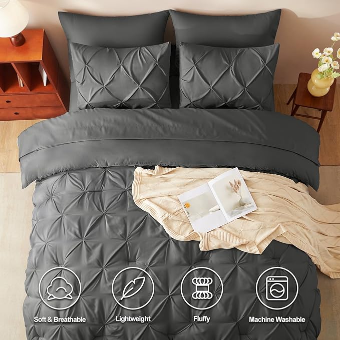 CozyLux King Size Comforter Set Dark Grey, 7 Pieces Pintuck Bed in A Bag Gray Comforter King Size, Pinch Pleat Bedding Set with All Season Comforter, Sheets, Pillowcases & Shams