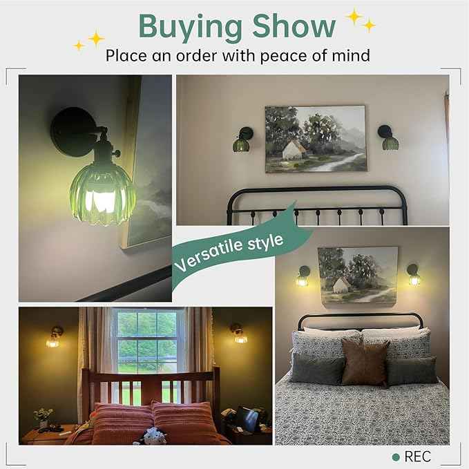 Vintage Battery Operated Wall Sconce with Green Tulip Glass Lampshade Rechargeable Battery Powered Black Wall Light with Remote Control for Bedside Bedroom Doorway, Set of 2