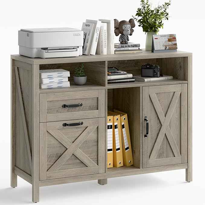 Vabches Lateral File Cabinet, Farmhouse 2 Drawer File Cabinet with Open Storage Shelf for Letter/Legal/A4 Size Hanging Files, Large Wood Storage Cabinets Printer Stand for Home Office, Rustic Grey