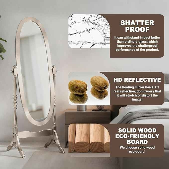 Full Length Mirror with Stand, Vintage Style Wood Floor Cheval Mirror, Traditional Adjustable Free Standing Mirrors Full Length (Gold)