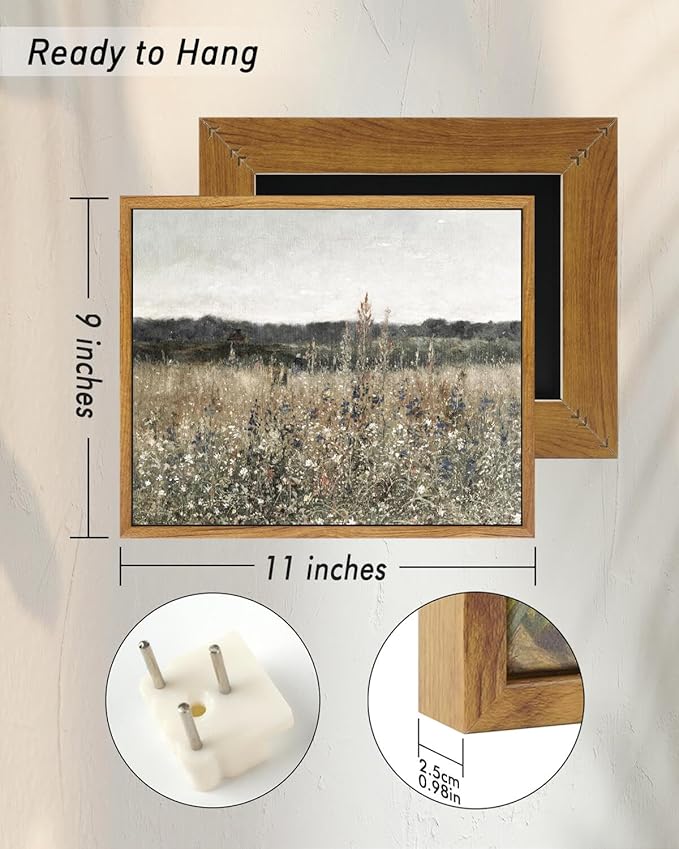InSimSea Framed Canvas Wall Art Vintage Decor, Wildflower Field Canvas Wall Art Paintings Prints, Rustic Landscape Wall Decor for Bathroom Office Dining Room, 9"x11"
