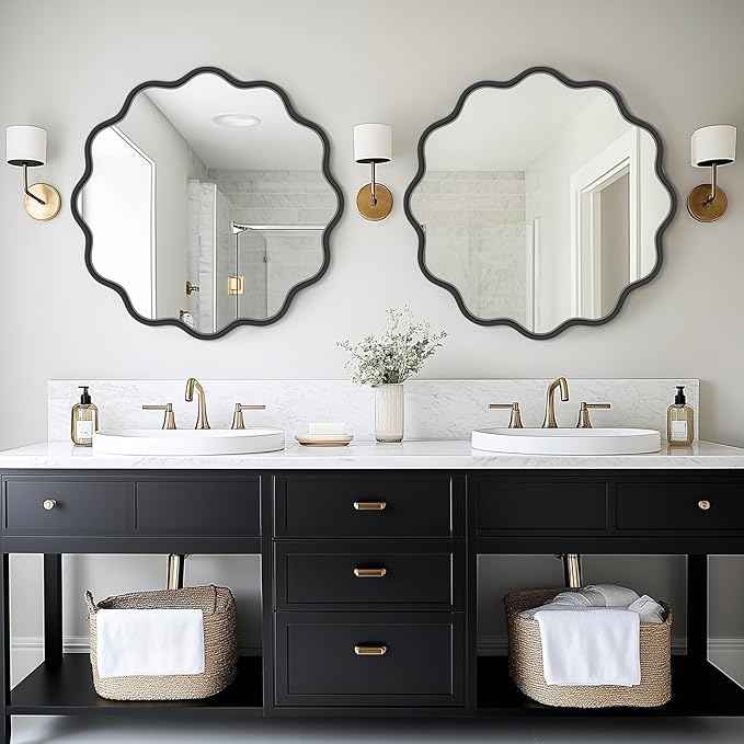 PROHOMEWARE Black Round Mirror 28 Inch Wavy Bathroom Vanity Mirror Gold Frame Modern Wall Mirror Decorative Wall-Mounte Anti-Rust, Tempered Glass