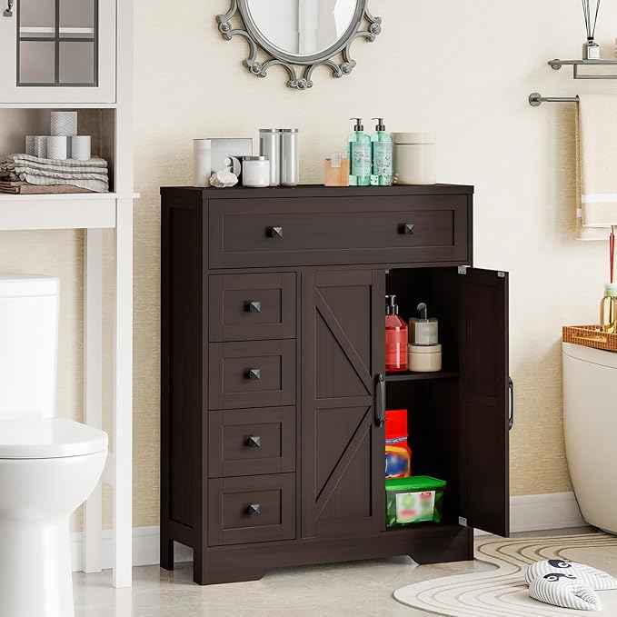 Vabches Farmhouse Storage Cabinet with 2 Doors and 5 Drawers, Freestanding Bathroom Cabinets Kitchen Pantry, Floor Storage Cabinet Hutch Cupboard for Living Room/Bathroom/Kitchen.（Espresso