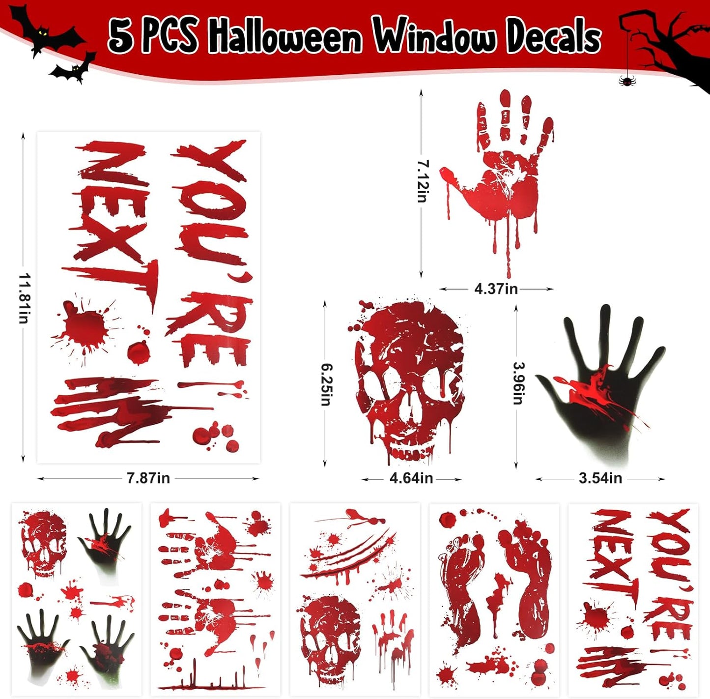 Halloween Decorations, 5 Sheets Wall Decals-Bloody Handprint Stickers, 2 Pack Halloween Banners and 2 PCS Caution Tape Rolls 3inx30ft for Party Decor, Outdoor, Indoor, Haunted Mansion