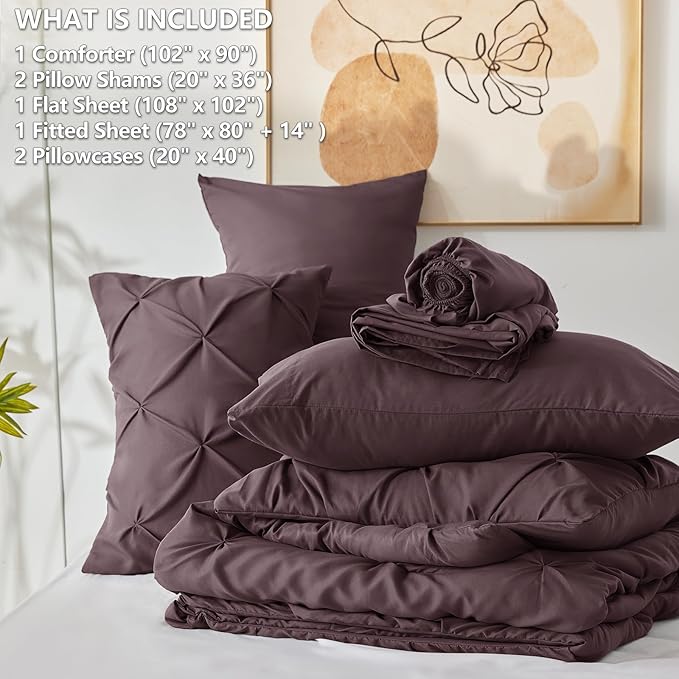 CozyLux King Size Comforter Set Cocoa Powder, 7 Pieces Pintuck Bed in A Bag Cocoa Powder Comforter King Size, Pinch Pleat Bedding Set with All Season Comforter, Sheets, Pillowcases & Shams