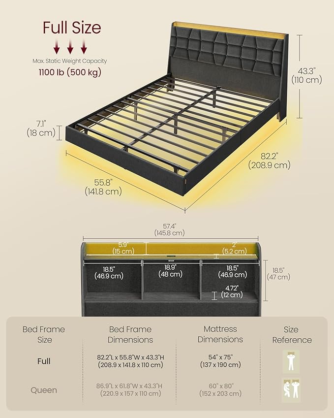 VASAGLE Full Size Floating Bed Frame with LED Lights, Upholstered Full Bed Frame with Charging Station, Tufted Storage Headboard, Noise-Free, No Box Spring Needed, Dark Gray URMB852G71V1
