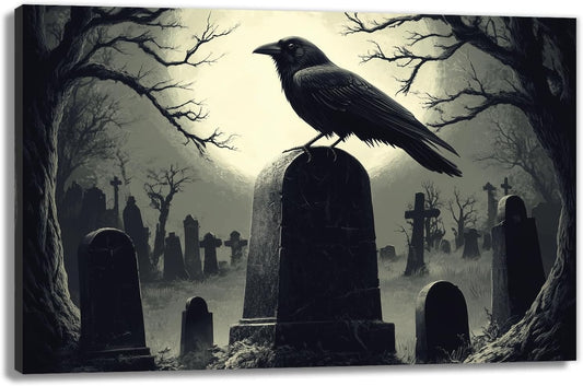 Crow Canvas Wall Art Gothic Black Bird On Branch Painting Print Spooky Forest Full Moon Scenery Poster Artwork Framed Halloween Home Decor(Artwork-3,20"x30")