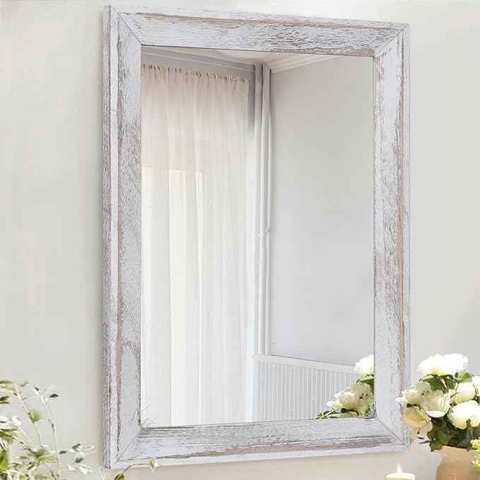 AAZZKANG Mirrors for Wall Rustic Wood Framed Hanging Mirror Decorative for Farmhouse Bedroom Bathroom Living Room Entryway Hallway Small White
