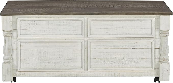 Signature Design by Ashley Havalance Farmhouse Lift Top Coffee Table with 4 Storage Drawers and Small Storage Tray, Whitewash