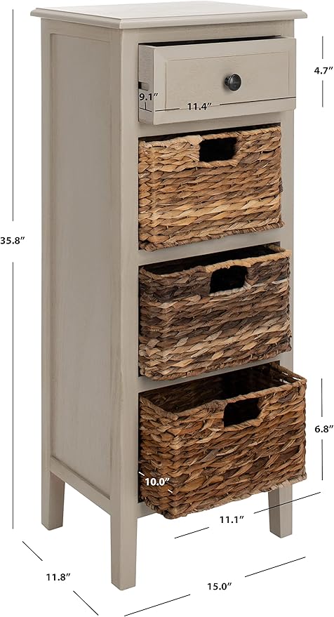 SAFAVIEH Home Collection – Michaela Vintage Grey Storage Unit with Woven Basket Drawers, British Colonial Farmhouse Accent Storage, Fully Assembled (AMH5744D)