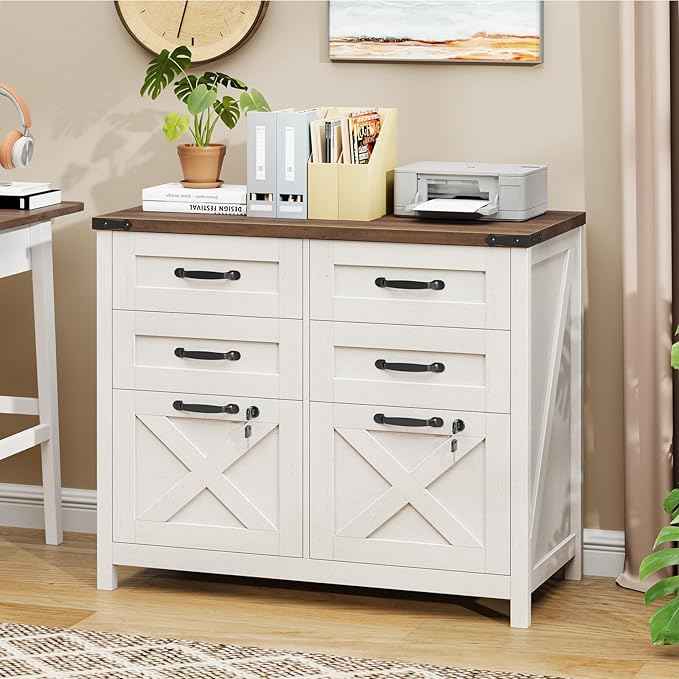 Vabches Lateral File Cabinet with 6 Drawers, Farmhouse File Cabinet with Lock for Letter/A4 Size, Large Wood File Storage Cabinets Printer Stand for Home Office Cabinets, Rustic White