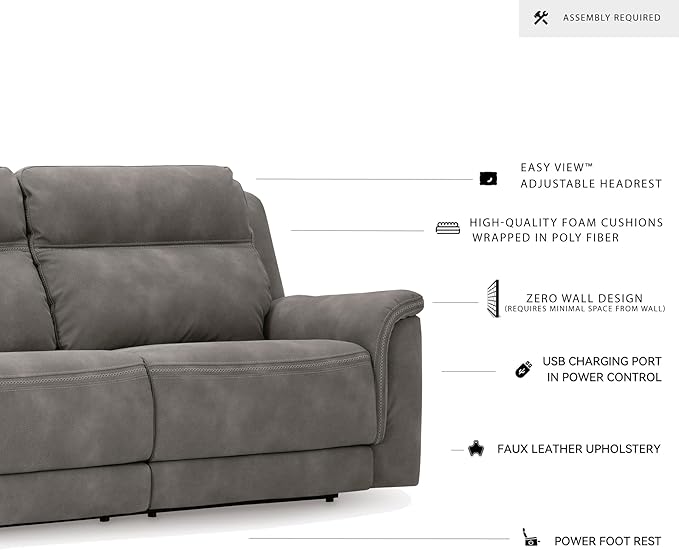 Signature Design by Ashley Next-Gen DuraPella Power Reclining Sofa, USB, Extended Ottoman, Water Repellent Faux Leather, 80" W x 42" D x 42" H, Slate Gray