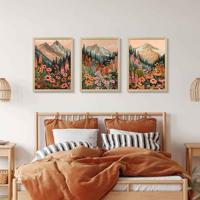 Cyebmo Mountain Wildflower Wall Art Set of 3, Sunset Daisy Flower Wall Decor, Colorful Wildflower Canvas Painting, Nature Botanical Landscape Artwork for Bedroom Living Room Wood Framed 12x16 Inch