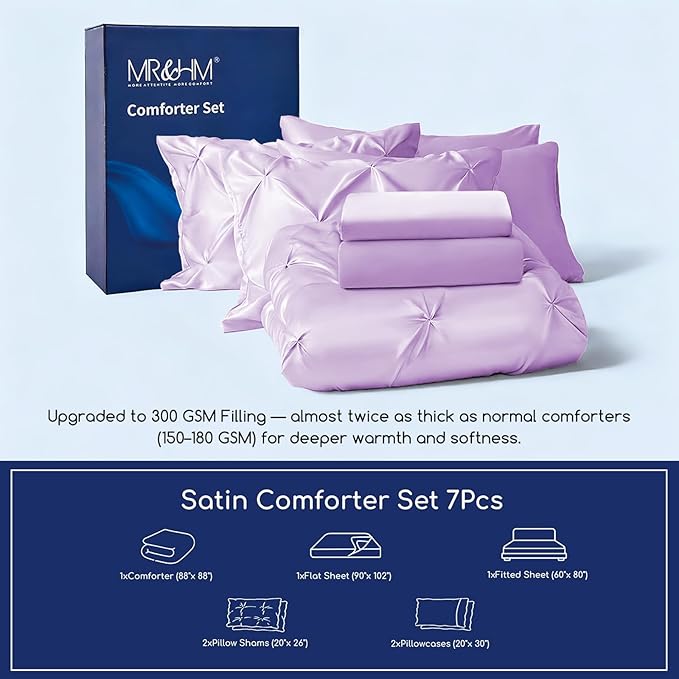 MR&HM Satin Comforter Queen 7 Pieces - Luxurious Pinch Pleat Bedding Set with Comforter, Flat Sheet, Fitted Sheet, Pillowcases & Shams, Super Silky Soft Bed Set for All Season (Queen, Lilac)