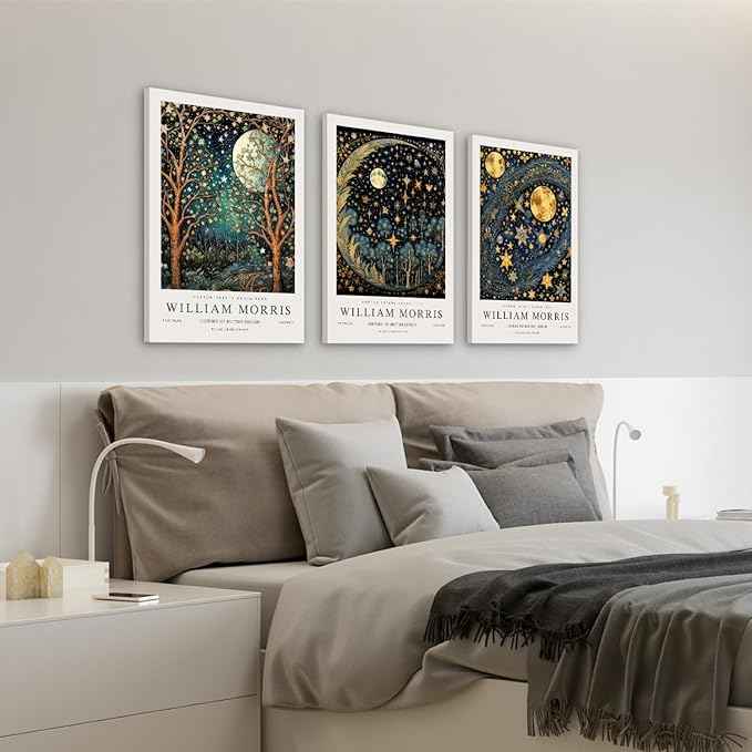 Hianan William Morris Framed Canvas Wall Art, Vintage Gold Moon Stars Poster Prints, Many Dreamlike Stars Wall Decor, Retro Botanical Aesthetic Picture for Bedroom Living Room Office 12"x16"x3