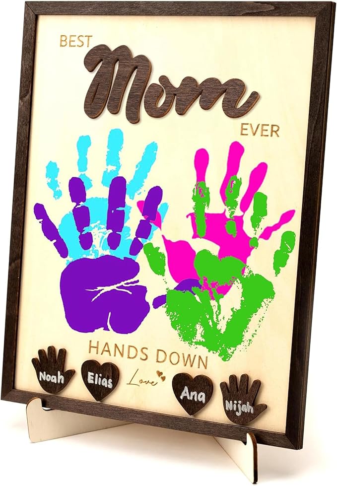 Best Mom Ever DIY Hands Down Sign Wooden Handprint Frame DIY Personalized Gifts for Mom, Mothers Day Gifts from Kids, Daughter, Son, Family Memories Sign with Kids Names, Custom Birthday Gift for Mom