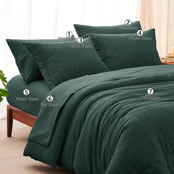 CozyLux Oversized Queen Comforter Set Forest Green Seersucker 7 Pieces 98x98 Bed in a Bag Comforter Set with Sheets, Luxury Bedding Sets with Down Alternative Comforter, Sheets, Pillowcases & Shams