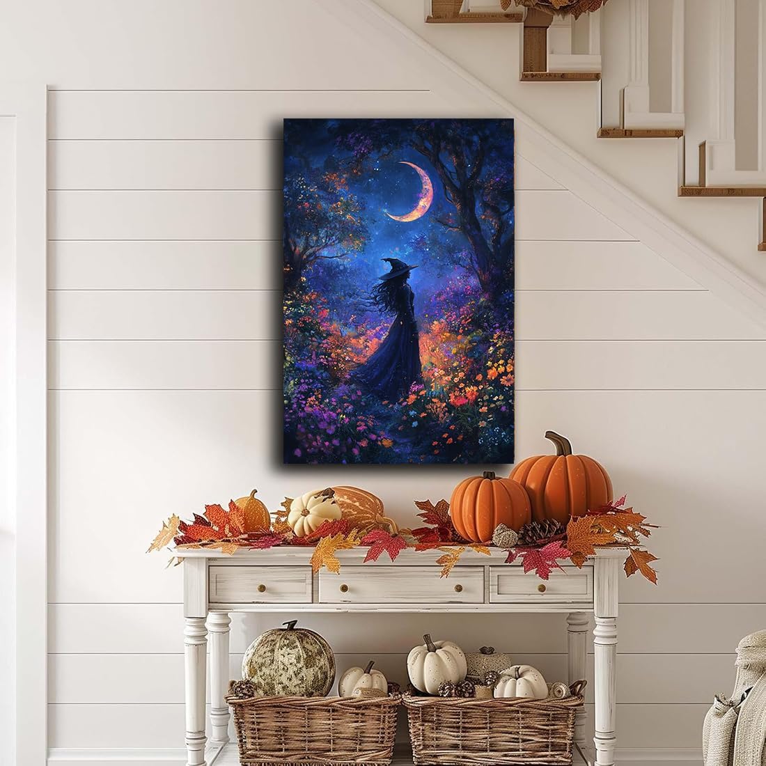 Vintage Halloween Witch Decor Mystic Gothic Wall Art Poster,Enchanting Witch Fall Whimsical Wildflowers Woodland Forest Crescent Moon Picture Art,Creepy Witchy Home Decor,12"x18" Framed