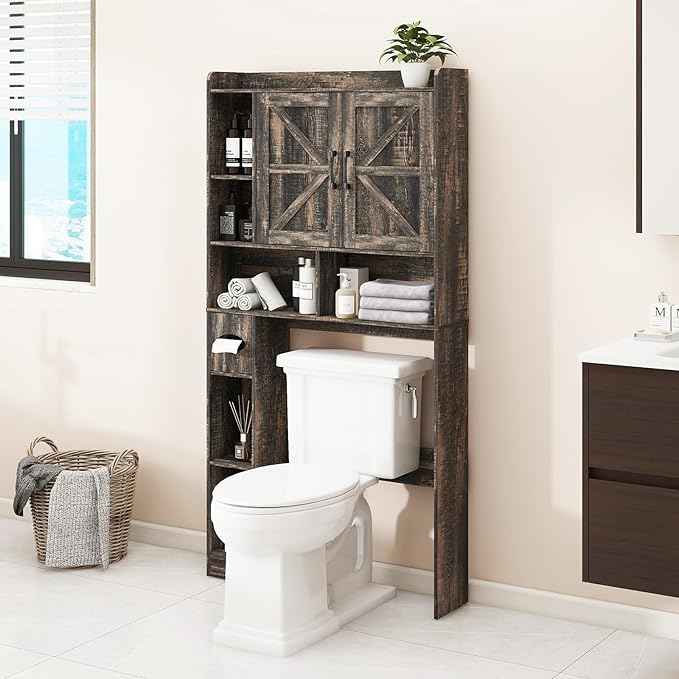 Over The Toilet Storage Cabinet, Farmhouse Storage Cabinet Over Toilet with 2 Barn Doors & Toilet Paper Holder Stand，Home Space-Saving Toilet Rack, for Bathroom, Restroom, Laundry