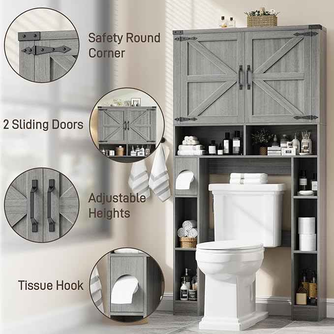 Vabches Over The Toilet Storage Cabinet, Farmhouse Storage Cabinet Over Toilet with 2 Barn Doors ，Toilet Paper Holder Stand，Home Space-Saving Toilet Rack, for Laundry, Restroom, Bathroom.Grey.