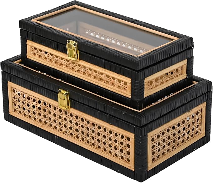 Black Rattan Decorative Storage Boxes with Glass Lids – Set of 2 Cane Weave Display Cases with Solid Wood Base – Nesting Coffee Table Organizer for Remotes, Jewelry & Keepsakes