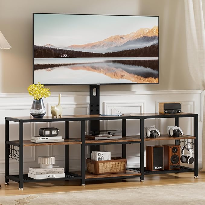 VECELO TV Stand with Mount and Power Outlets, Entertainment Center for 60/65/70/75/80 inch TVs, Height Adjustable Media Console with Storage Shelves, for Living Room, Bedroom, Rustic Brown