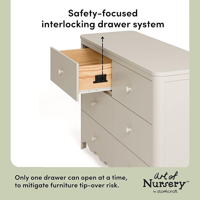 Storkcraft Casablanca 6 Drawer Dresser (Frosted Oat) – GREENGUARD Gold Certified, Nursery & Kids' Bedroom with Spacious Storage, Interlocking Drawer System, Easy Assembly with Pre-Installed Tracks