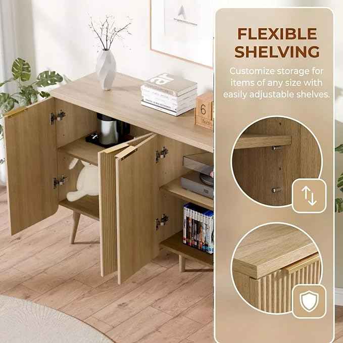 47.2" Modern Fluted Sideboard Cabinet with 4 Doors, Wood Storage Credenza with Shelves, Multi-Purpose Buffet Cabinet for Entryway, Dining & Living Room, Natural Wood